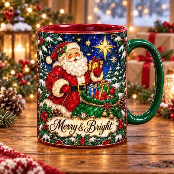 Ceramic Mug Merry & Bright Santa Stained Glass Style Coffee Cup for Christmas Gift Giving