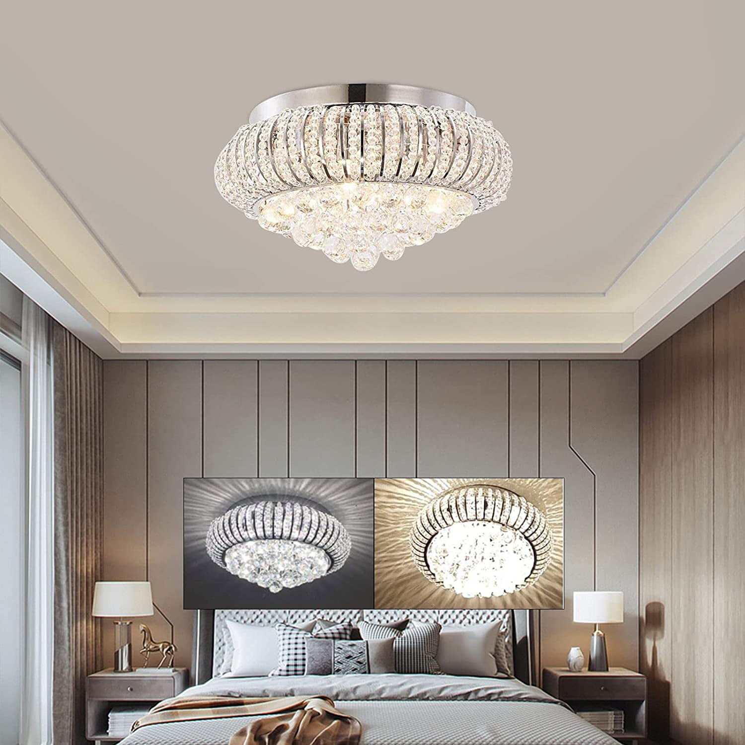 FETCOI Modern Crystal Ceiling Light with Remote Control, Luxury Crystal