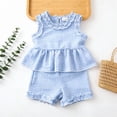 thumbnail image 2 of larppty Toddler Baby Girl Summer Outfits Plaid Ruffle Sleeveless Shirt Tank Dress Top and Shorts Summer Clothes Set 2 Piece (Z01-Blue, 12-18 Months), 2 of 7