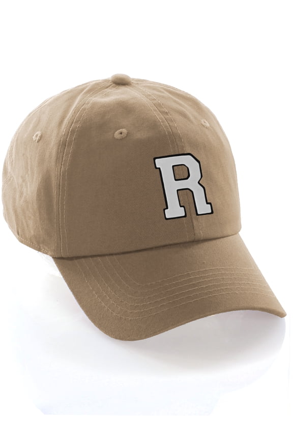 Customized Letter Intial Baseball Hat A to Z Team Colors, Khaki Cap Black White Letter R