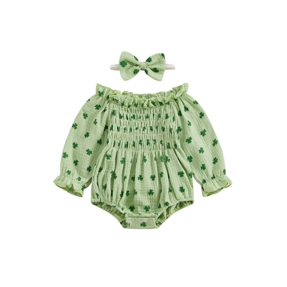 St Patricks Day Baby Girl Outfit Clover Print Smocked Bubble Romper Jumpsuits with Headband 0 6 12 18 24 Months Cotton Spring Clothes