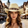 thumbnail image 2 of Sun Hats for Women Unisex Western Boho Wide Brim Straw Sun Hat Beach Seaside Beige One Size, 2 of 5