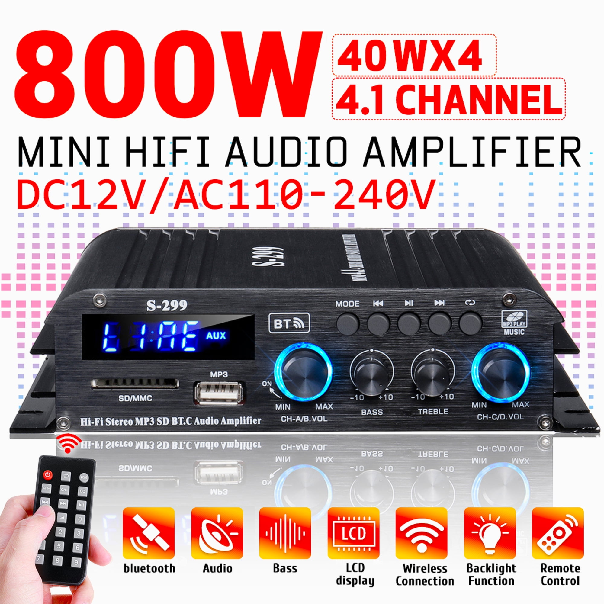 Blitzmax 800W Bluetooth Audio Power Amplifier, 4.1 Channel Support 2 Pairs Speakers 1 Subwoofer, Wireless HiFi Stereo Amplifier for Home & Car