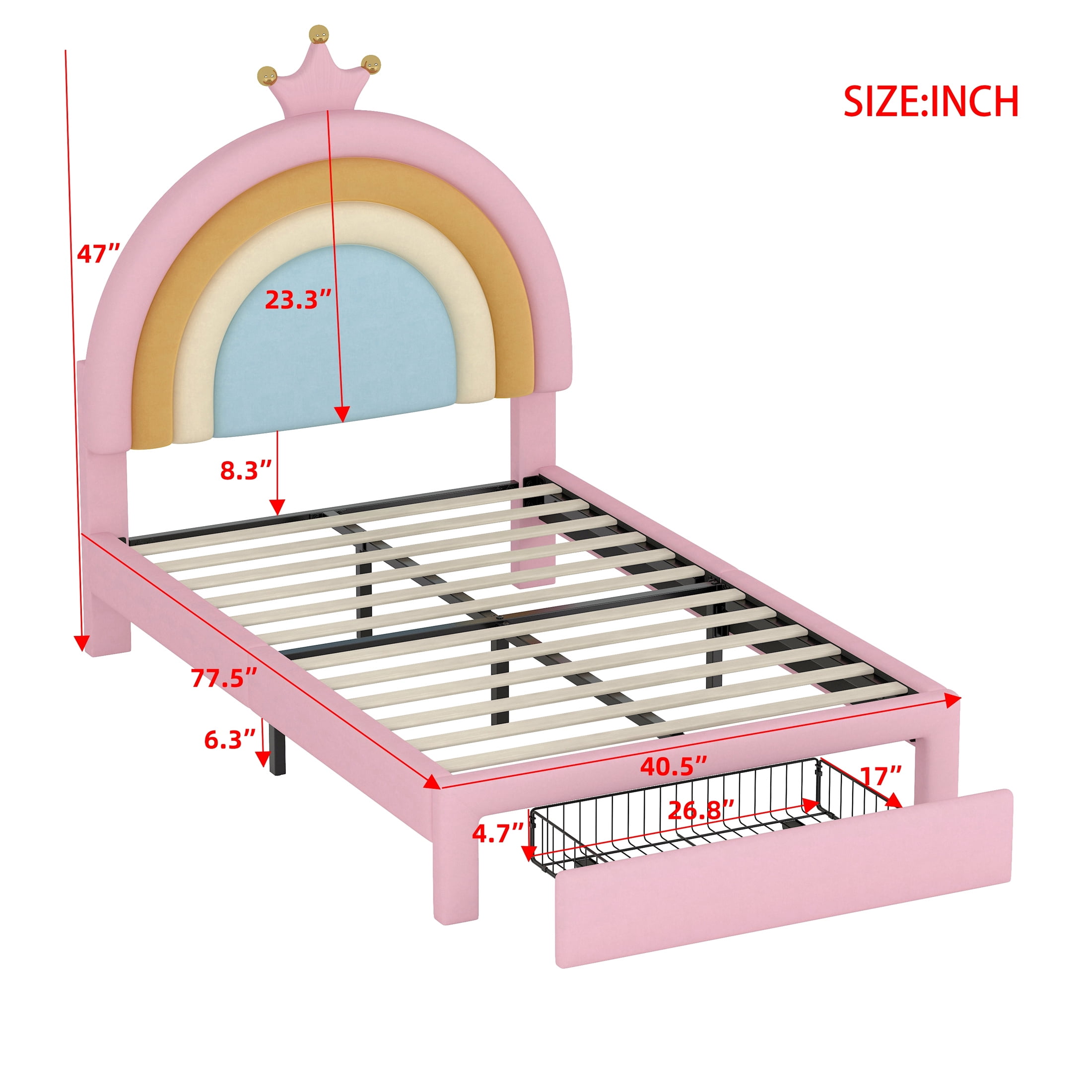 Cute Rainbow Twin Size Bed Frame for Girls,Velvet Princess Twin Bed Frames with Headboard and Drawers,77.5"x40.5"x47",Pink