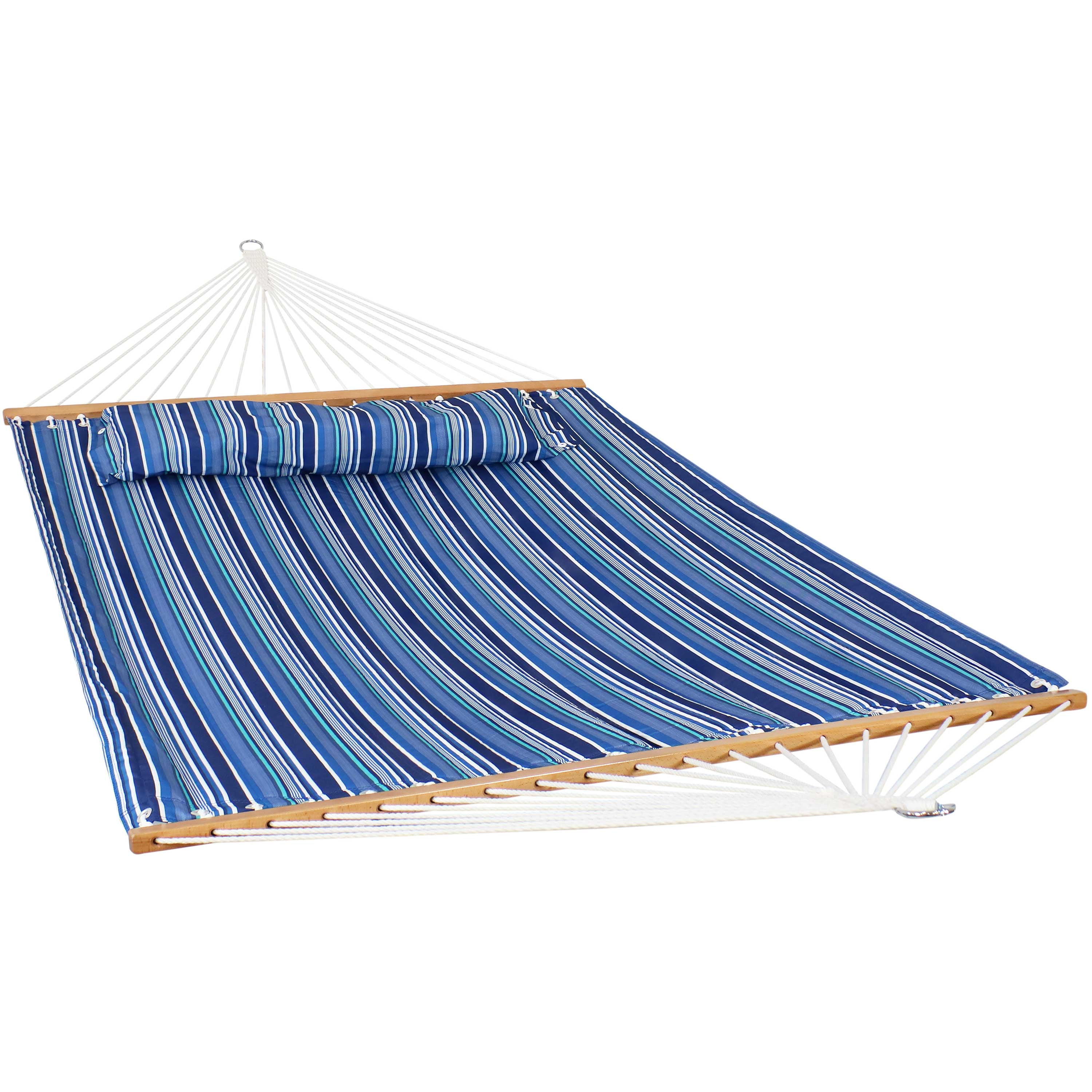 Sunnydaze 2-Person Quilted Printed Fabric Spreader Bar Hammock and Pillow -  Large Modern Cloth Hammock with Metal S Hooks and Hanging Chains - Heavy 