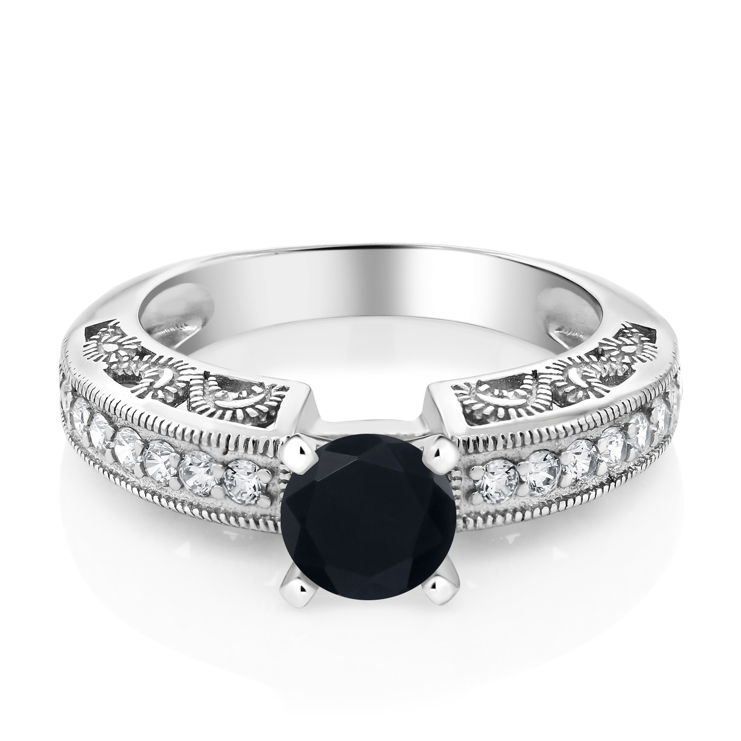Gem Stone King 1.29 Cttw Black Onyx Engagement Filigree Ring for Women | 925 Sterling Silver | Round 6MM | Gemstone Birthstone | Wedding Engagement Anniversary Promise Ring for Women| Size 8