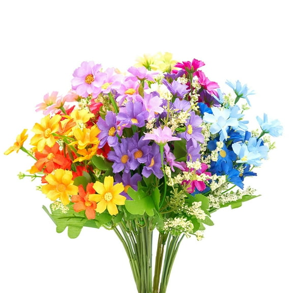 6 Bundles Outdoor Artificial Flowers, Faux Daisy Mums Flowers UV Resistant No Fade Greenery Shrubs Plastic Flowers Indoor Outside Hanging Planter DIY Home Wedding Office Garden Decor (Mix)