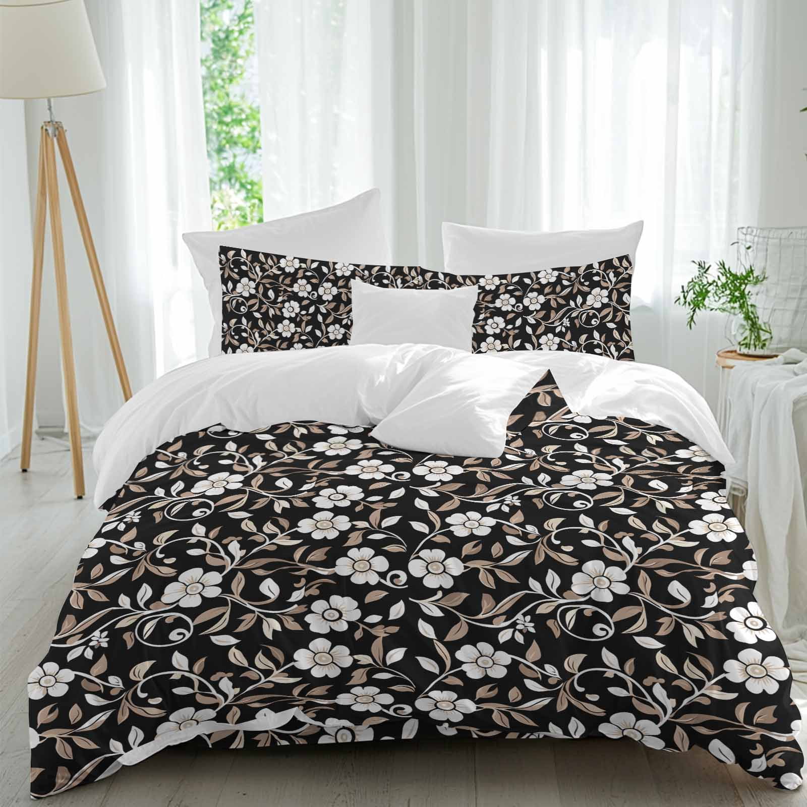 Black White Floral Duvet Cover Set, Farmhouse Vintage Botanical Leaves Soft Duvet Cover California King Bedding Set 4 Pieces, 1 Quiltcover and 2 Pillowcases with Zipper, 1 Bed Sheet for All Seasons