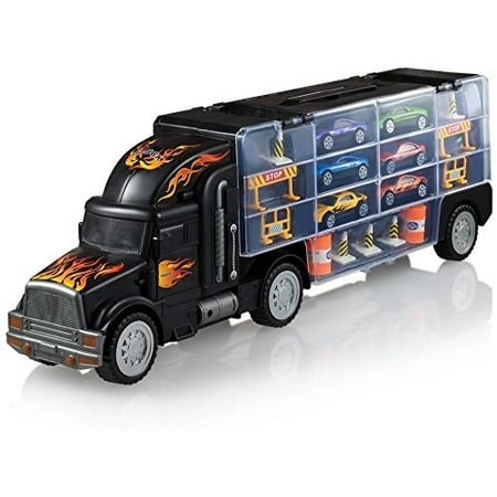 Toy Truck Transport Car Carrier – Semi Truck Toy – Toy Truck Includes 6 Toy Cars & Accessories – Toy Trucks Fits 28 Toy Car Slots – Great Car Toys Gift for Boys & Girls