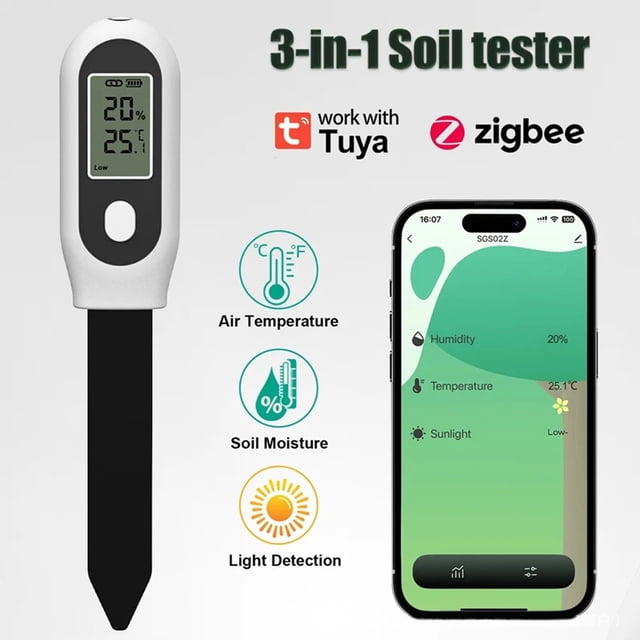 Sensor de Humedad del Suelo Tuya Zigbee , Medidor de Humedad, Temperatura y Luz Solar, con Pantalla y Control por Aplicación para Plantas, Macetas y Jardín.