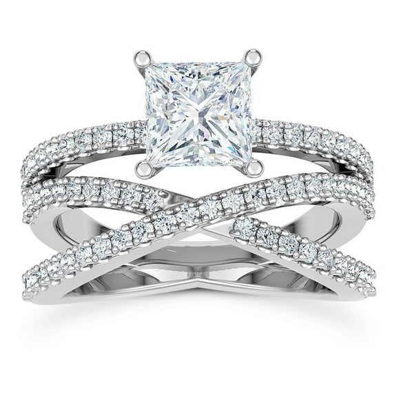 Spot Jewel Bridal Diamond Ring - 1.7 Ct Princess Cut Lab Created Stone Criss Cross Engagement Band - White Gold Over 14K Pave Set Design - Wedding Jewelry for Her - Sparkling Luxury Appeal