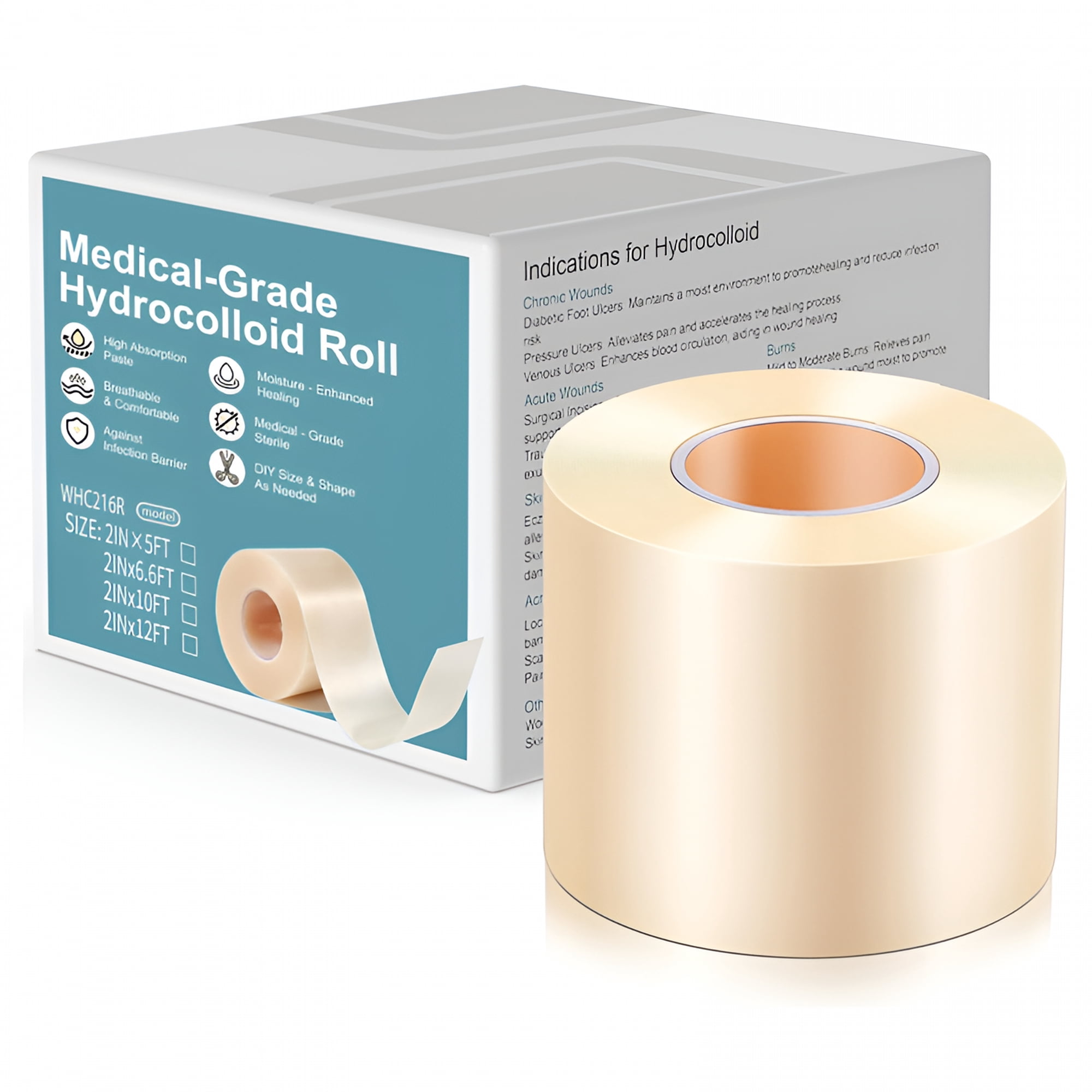 QARUN Hydrocolloid Roll for Wound Care,Hydrocolloid Patch Bandages with Self-Adhesive,Bed Sore Bandages,Highly Absorbent for Burn,Blister,Acne Care,Sterile and Waterproof (2in x 12ft)