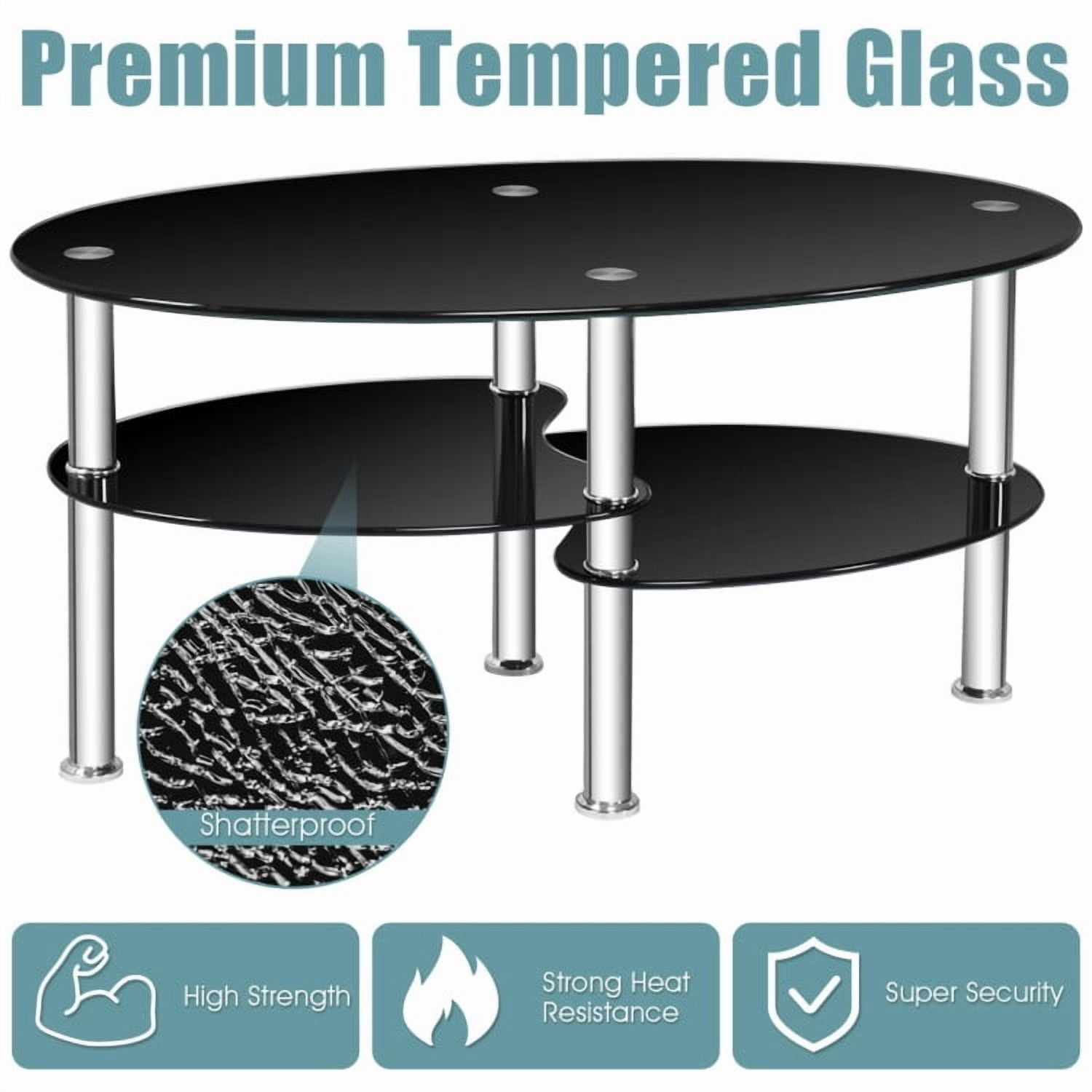 Yardi Yard Mid-Century Modern Oval 2-Tier Tempered Glass Coffee Table with Storage Side Shelf and Oak Wood Legs for Living Room Black