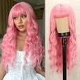 thumbnail image 1 of Pelucas largas de color rosa con flequillo, pelucas de color rosa claro para mujer, peluca ondulada, pelucas de fibra sintética resistentes al calor para Halloween Cosplay, 1 of 5