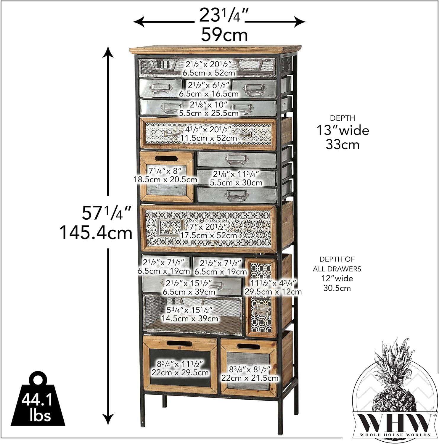 WHW Industrial Chic Dresser, 19 Drawers and Utility Bins, Iron and