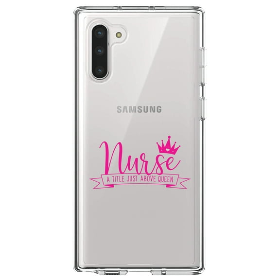 DistinctInk Clear Shockproof Hybrid Case for Samsung Galaxy Note 10 (6.3" Screen) - TPU Bumper Acrylic Back Tempered Glass Screen Protector - Nurse - Title Just Above Queen - Pink
