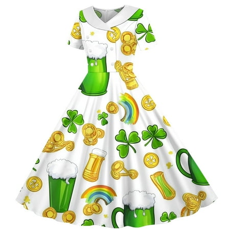 Girls St Patricks Day Fancy Dress Short Sleeves Crew Neck A-Line Dress Retro Vintage Green Swing Dress Four Leaf Clover Pattern Costume Dancing Dress Orange 13-14 Years