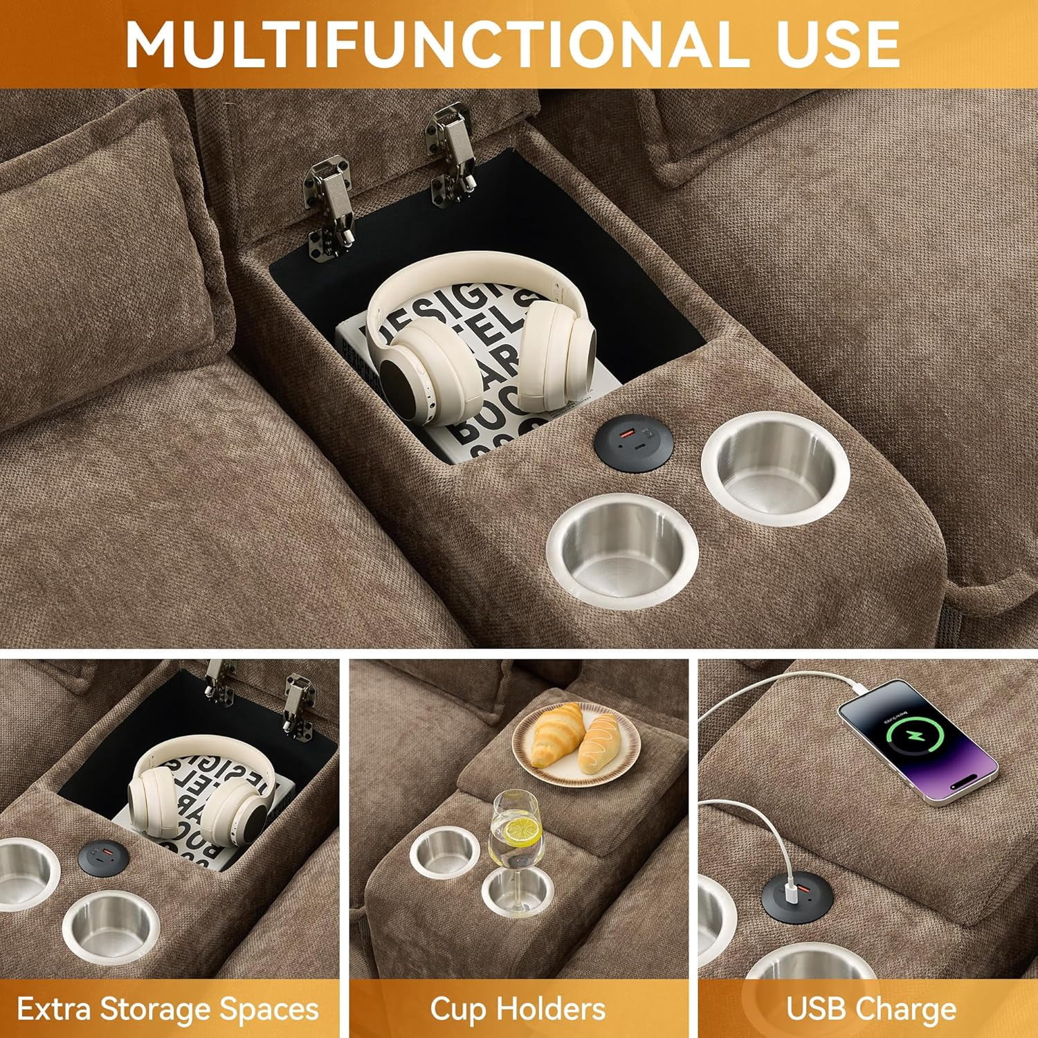 HASLE U Shaped Modular Sectional Sofa with Chaise Lounges, Chenille Upholstered Comfy Couch with Storage Console, USB Charging Ports & Cup Holders, Modern Deep Seat Sofa for Living Room, Brown