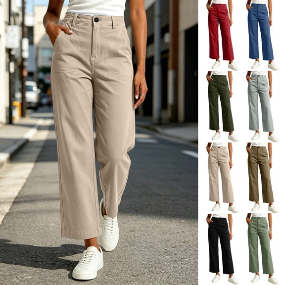 Oksale Chino Pants for Women Petite Straight Leg Khaki Pants with Patch Pockets High Waisted Button Casual Pants Trendy Trousers Khaki S