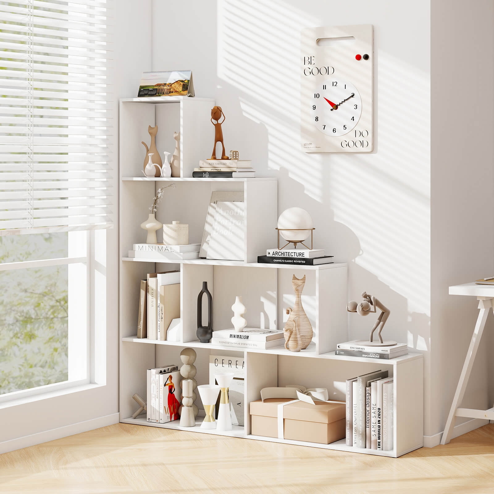 Costway 6 Cubes Ladder Shelf Freestanding Corner Bookshelf Storage Bookcase Display Rack White