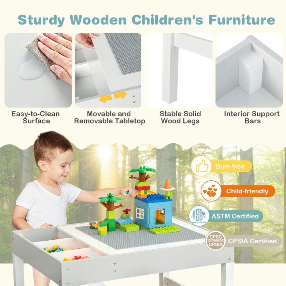 Spaco 3 in 1 Wooden Kids Table with Storage and Double-Sided Tabletop-White, Toddler Table and Chair Set for Arts & Crafts, Snack Time, Homeschooling, Homework