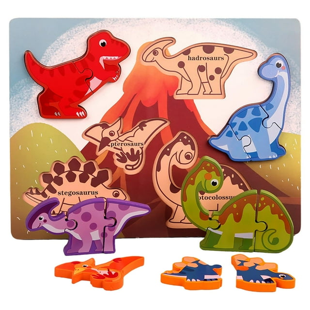 Rompecabezas de madera con formas de animales para niños de 2 a 4 años. Dinosaurio volcán