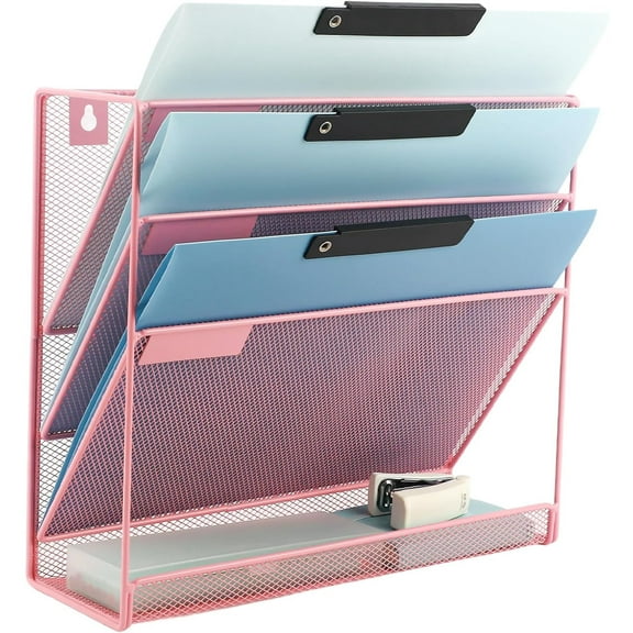 Desk File Organizer Mesh 4-Tier, Hanging Wall Mount Document Organization Stand, Desktop Vertical Mail Paper Folder Holder Rack with Bottom Tray for Office Home Cubicle Countertop, Pink