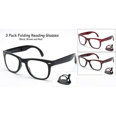 3 Pairs Folding Reading Glasses - Comfortable Stylish Simple Readers Rx Magnification Black, Brown, Red