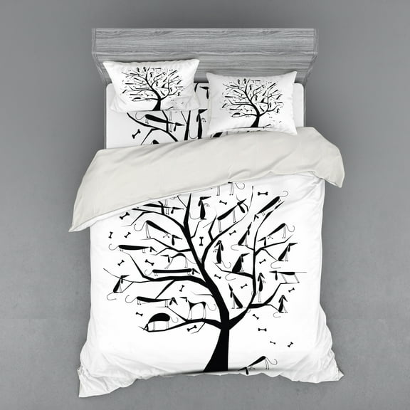 Ambesonne Dogs Bedding Set 4 Pcs, Autumn Tree with Silhouettes, Queen, White and Black