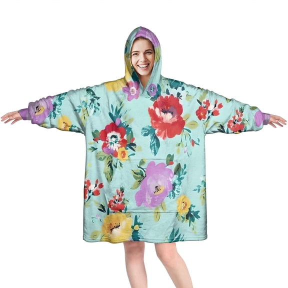 Wearable Oversized Blanket,Pioneer Flower Floral Print Pattern Wearable Blanket Hoodie for Adults,Cozy Hooded Blankets with Super Pockets,Super Warm Fuzzy Pullover for Women & Men