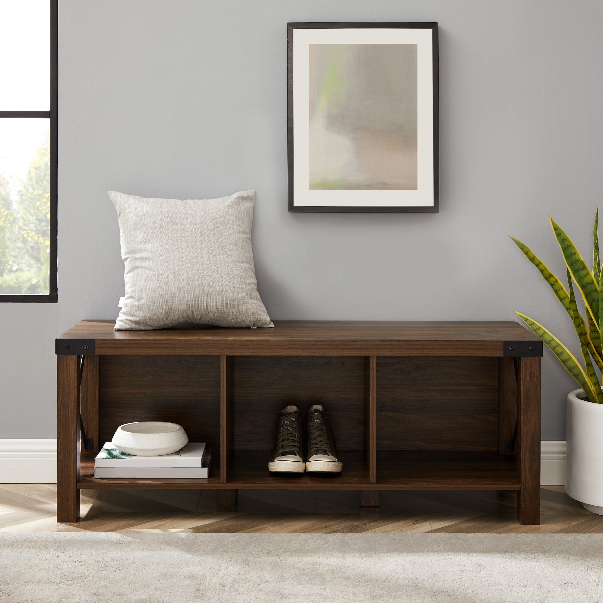 Rustic Farmhouse Entryway Storage Bench, Walnut