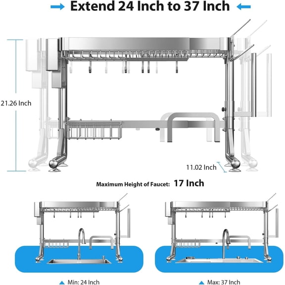 Over The Sink Dish Drainer Drying Rack, 2 Tier Adjustable Width (20.87'' to 37.6'') 304 Stainless Steel Large Over Sink Dish Drying Rack for Kitchen Counter Organizer, (Silver)