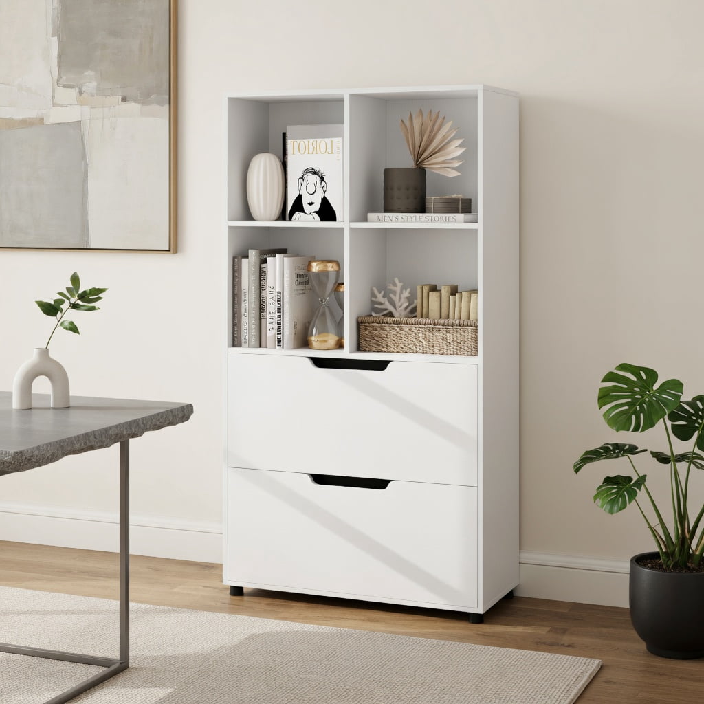 Demi Bonn 4-Tier Wood Open Bookcase with 2 Drawers and 4 Storage Cubes, White