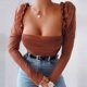 thumbnail image 5 of Camiseta de malla de manga larga ajustada con volantes de tubo con volantes sexy informal a la moda para mujer Pompotops  gfhjh19033, 5 of 8