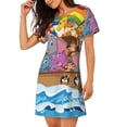 thumbnail image 2 of Honeii Rainbow Animals on Noah's Ark Print Women's Loose Short Sleeve Nightgown, Soft Cotton Sleepwear, Comfy Loose Fit Pajama Dress for Sleep and Lounge, 2 of 6
