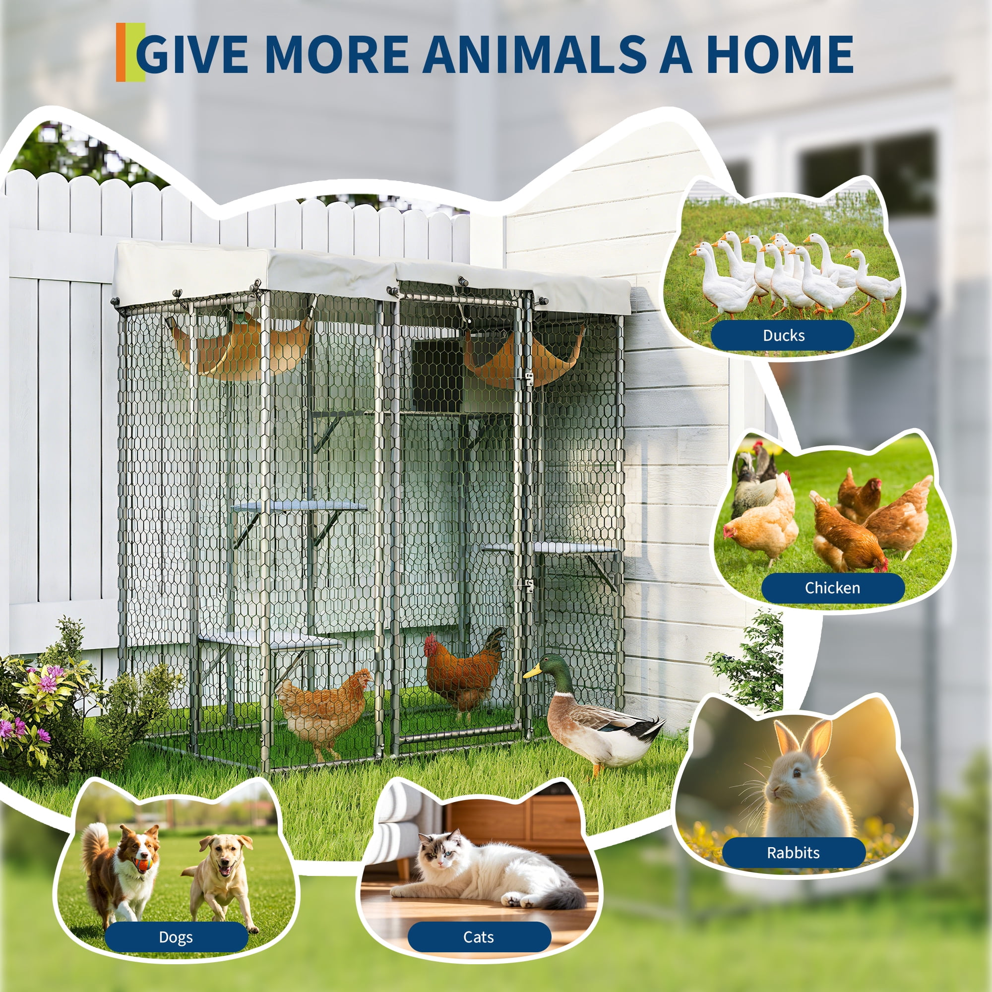 Large Catio Outdoor Cat Enclosure,Galvanized Steel Walk-in Cat House with Waterproof Cover, Resting Box & 2 Hammock, Feral Animal Shelter
