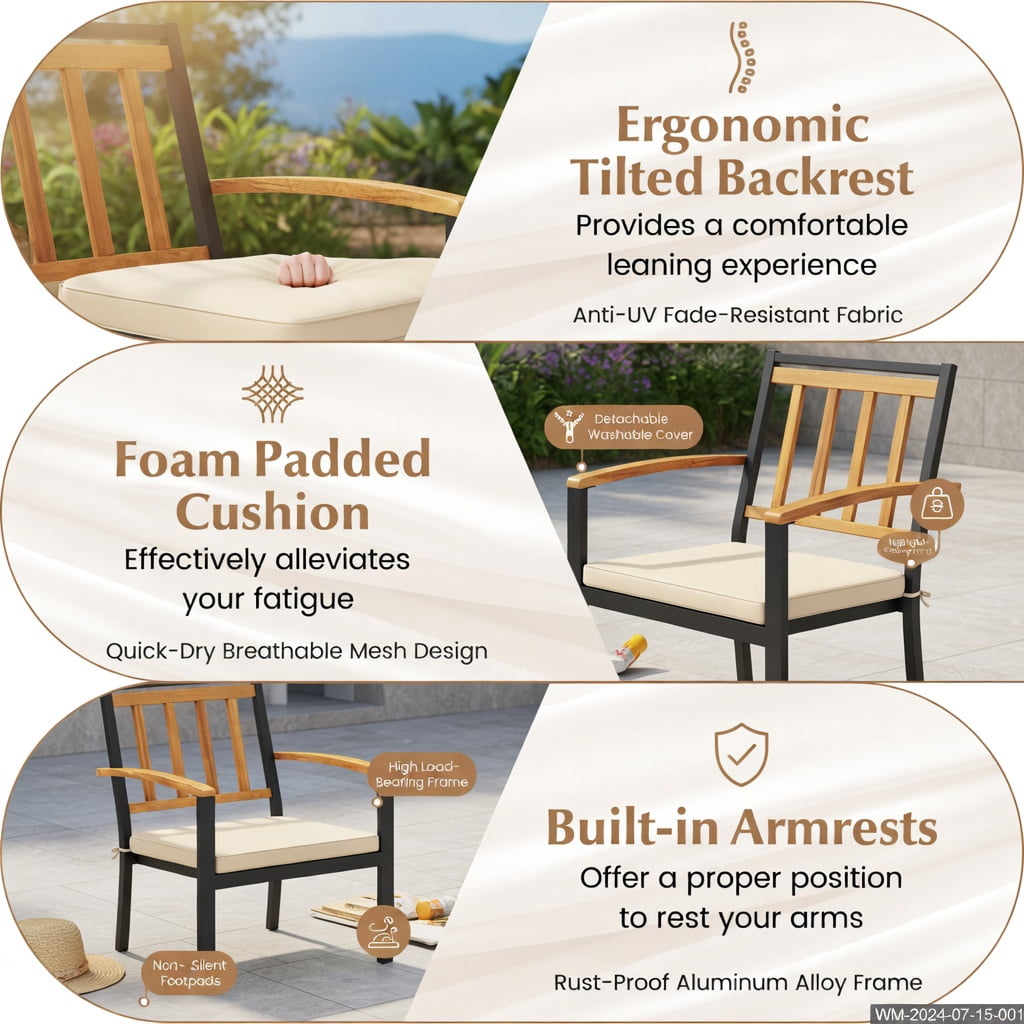 Hommoo 2-Pack Modern Patio Dining Chairs with Removable Cushions, Acacia Wood Outdoor Chairs, Ergonomic Design, Easy-Clean Fabric Seats, Black & Natural