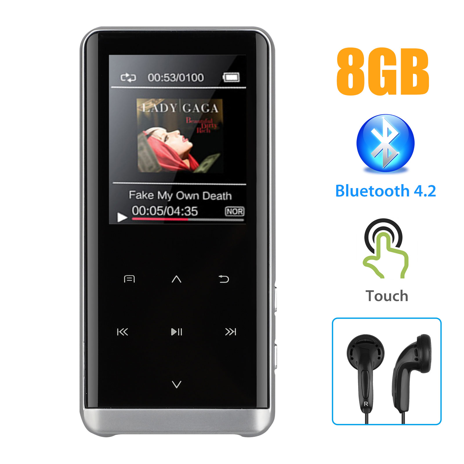 MP3 Player with Bluetooth 4.2, EEEkit 8GB Portable Mp3 Player with FM Radio with Headphones,HiFi Metal Audio Player,Touch Button Music Player,Voice Recording,1.8 Inch(Headphone Included)