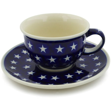 Beautiful Pottery Mugs Polish Pottery 6 oz Cup with Saucer (America The Beautiful Theme) Hand Painted in Boleslawiec, Poland + Certificate of Authenticity ()