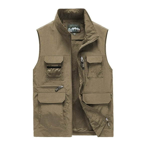 Bcresic Men Cargo Vest Casual Outdoor Sleeveless Full Zip Coat Jacket Trendy Quick Dry Vests with Multi Pockets Stand Collar Outdoor Solid Jacket Lightweight Fishing Travel Hiking,Khaki,Medium