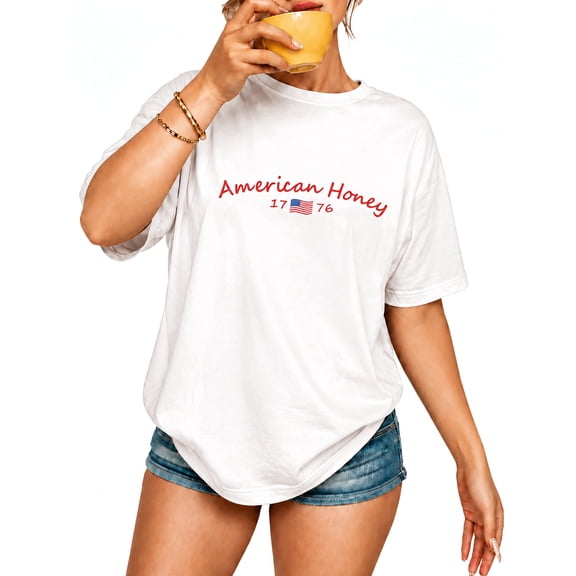 Women's American Honey Graphic T-Shirt, Short Sleeve Crew Neck Casual Tee, White