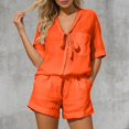 thumbnail image 2 of XFeng Linen Shorts Sets Women 35 Piece V Neck Breathable Loose Fit Outfits Summer Lounge Sets for Travel Beach Vacation,Orange,S, 2 of 4