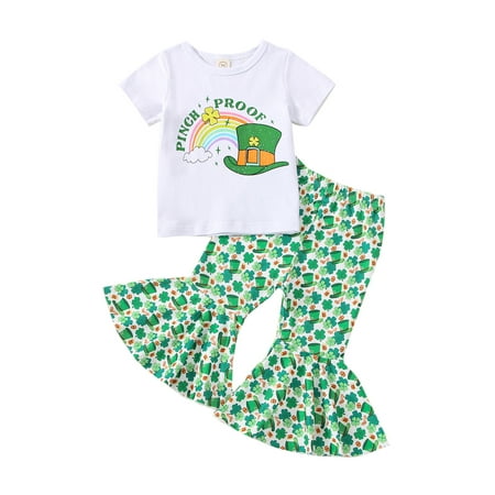 

Imcute St. Patrick s Day Toddler Baby Girl Short Sleeve Four Leaf Clover Print T-shirt+Flare Pants Outfits