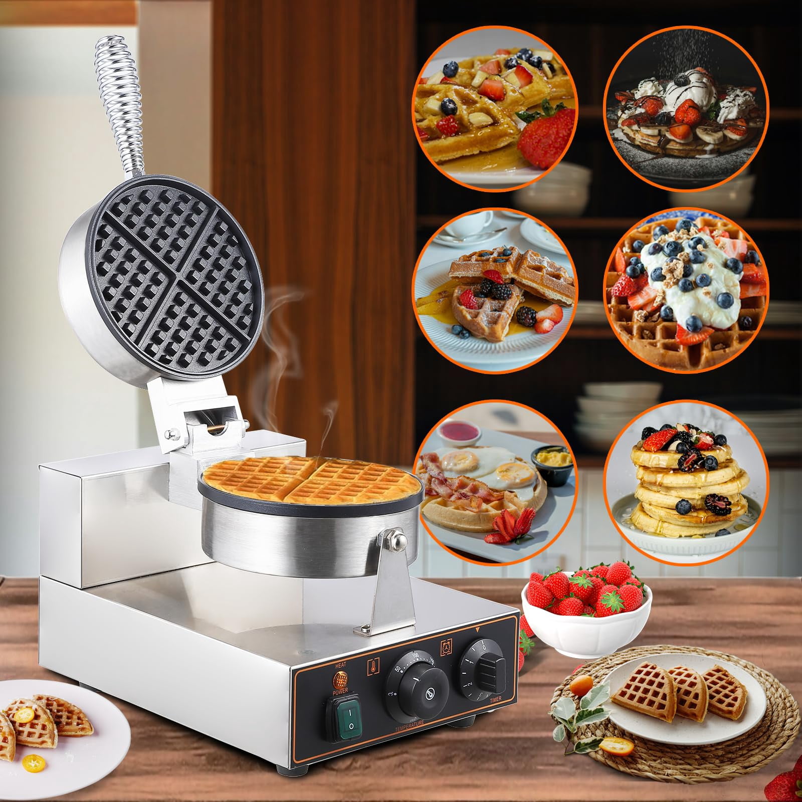 Juiluna 360° Rotating Electric Waffle Making Machine | 50-250℃ Non-Stick Flip Waffle Iron Waffle Maker Time Control Temperature Adjustable, 110V 1200W