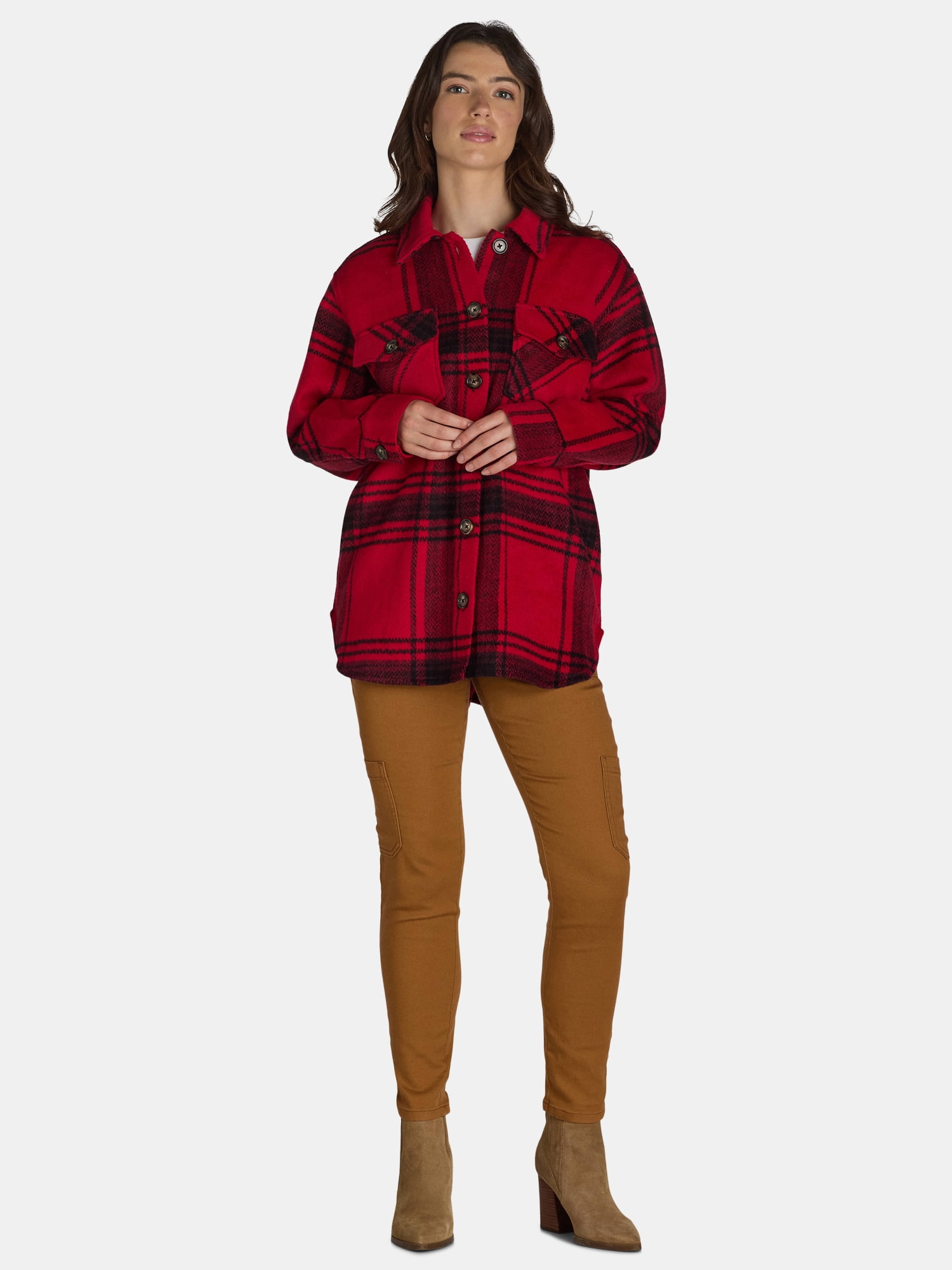 Time and Tru Women's Plaid Button Front Shacket, XS-XXXL