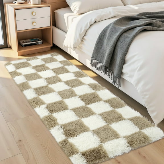 COZONY 2x6 Checkered Thick Runner Rug, Non-Slip Ultra Soft Shag Accent Carpet for Hallway, Childrens Room, Brown