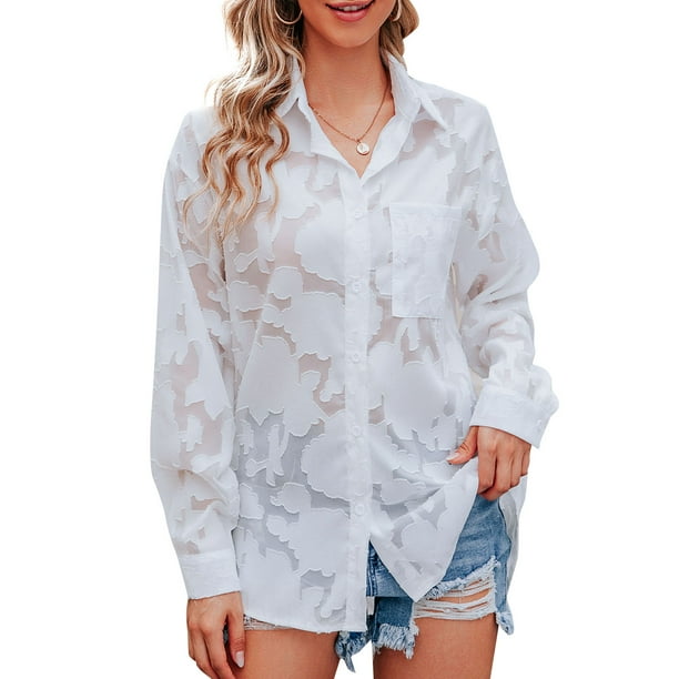 Camisa de blusa de gasa de manga larga con botones florales transparentes para mujer Irfora Blanco/XL