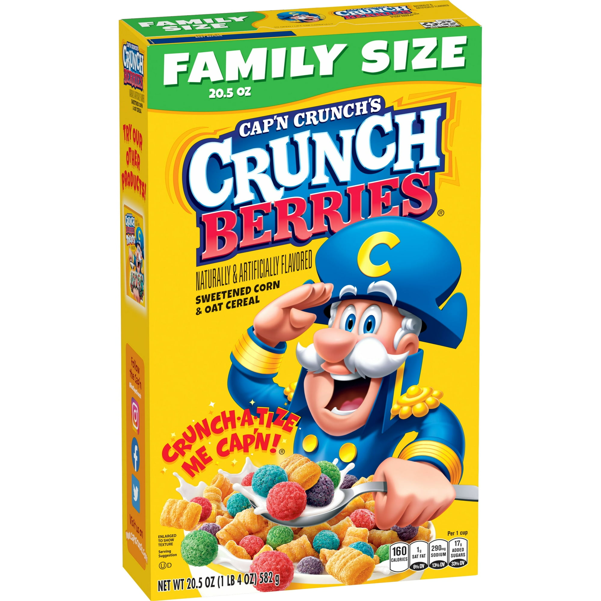 Cap'n Crunch Sweetened Corn & Oat Cereal Crunchy Berries Naturally & Artificially Flavored, 20.5 oz box