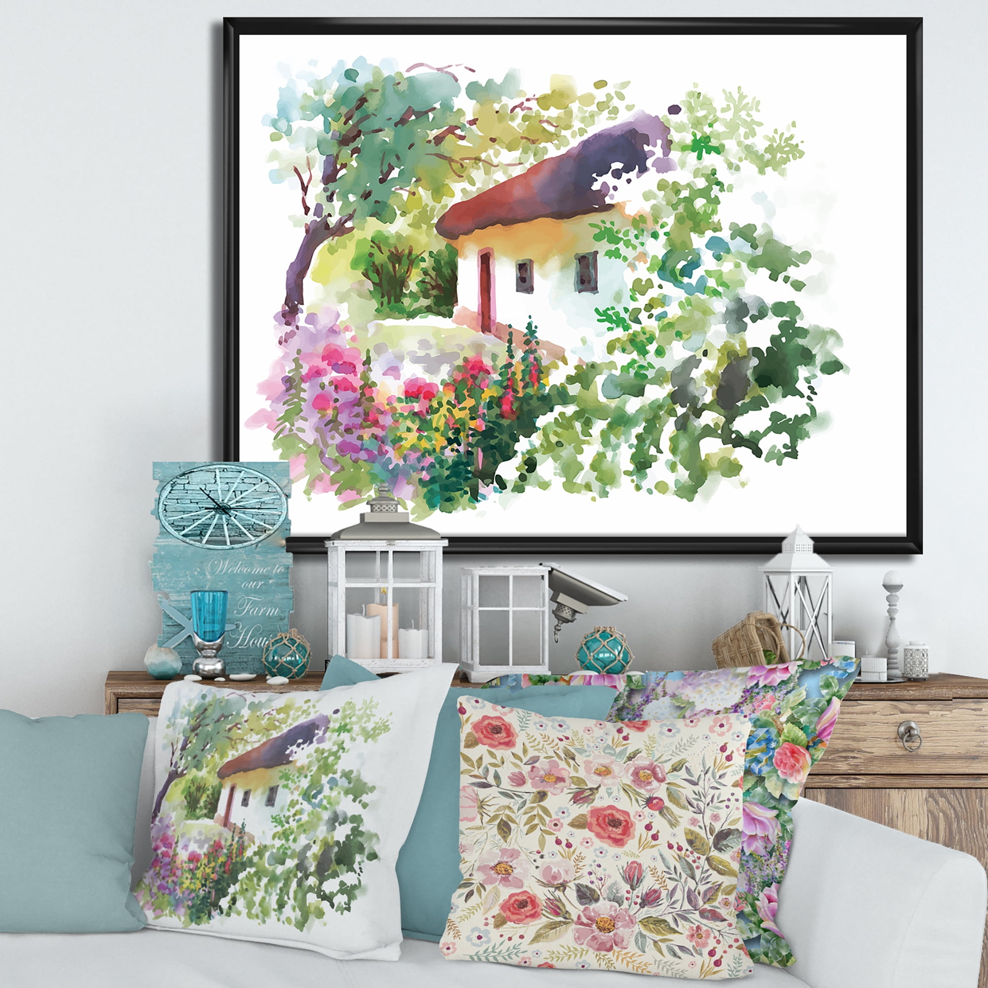 Designart 'Rural Village House On A Green Summer Day' Traditional Framed Canvas Wall Art Print