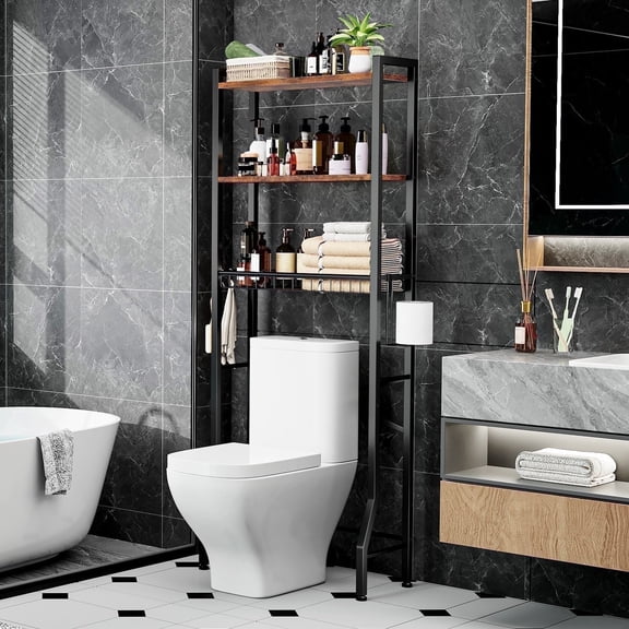 Biemlerfn Over The Toilet Storage Shelf, 3-Tier Wooden Bathroom Organizer Freestanding Space Saver with Toilet Paper Holder and 3 Hooks, Brown